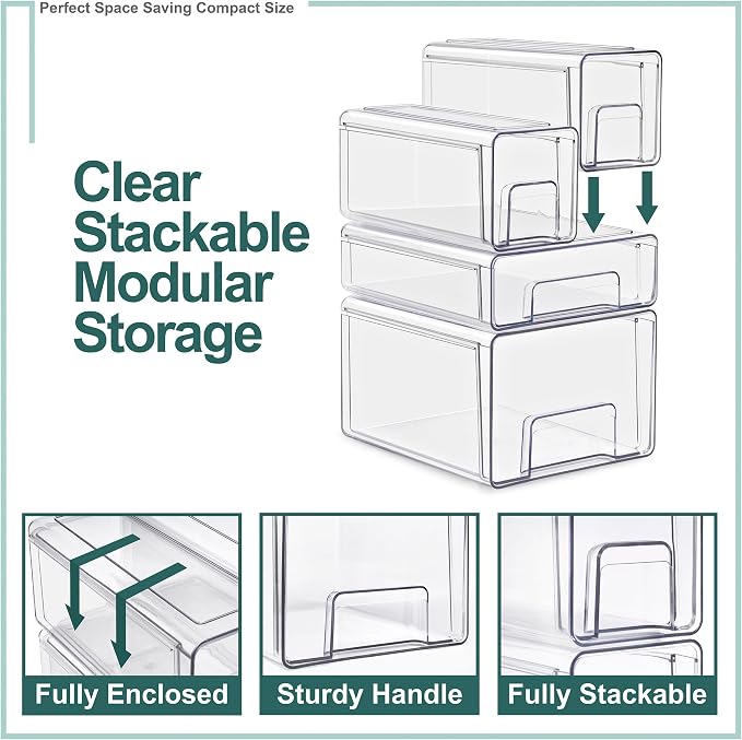 Sorbus Large Clear Stackable Storage Drawers 4-Pack Plastic Organizer Bins with Handles Pull-Out Drawers for Bathroom Closet, Medicine, Cabinet, Pantry Storage, Baby Bottle Organizer