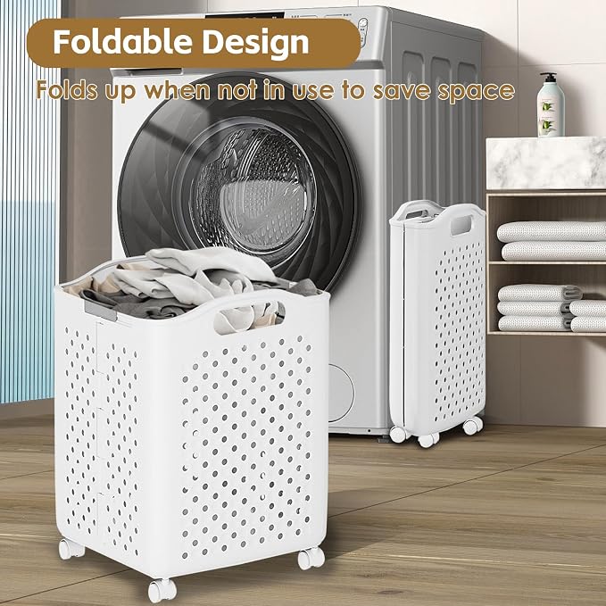 57L Collapsible Laundry Basket with Wheels, Laundry Basket Collapsible, Foldable Laundry Baskets with Handles, Dirty Clothes Hamper for Dorm, Bedroom and Bathroom (Pearl White)