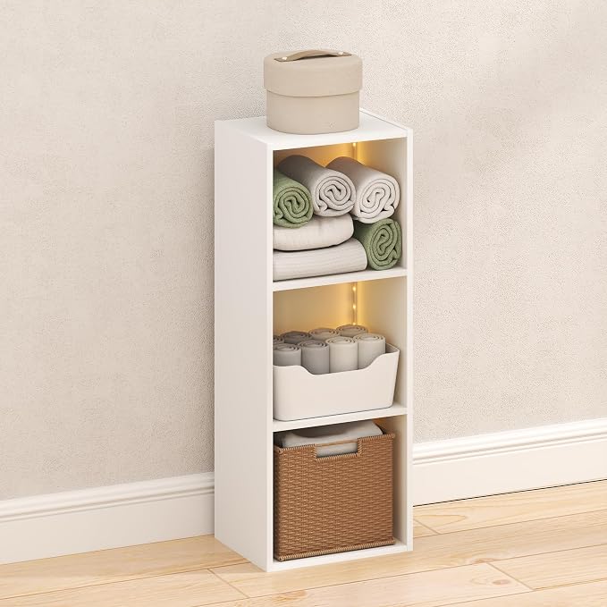 Furinno LUDER 3-Cube Closet Organizer with LED, Closet Storage, White | 9.3 x 12 x 31.5, White LED Light, Organizers and Storage, Closet Storage, for Wardrobe, Bedroom, Entryway