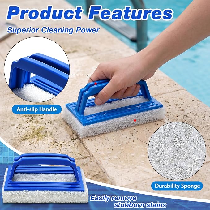 Gejoy 6 Pack Handheld Pool Scrubbing Scouring Brush for Swimming Sponge Pad with Handle Non Scratch Cleaning Brush for Pool Tile Grout Corner Wall Vinyl Liners Sink Shower Bathtub Spa Kitchen Cleaning