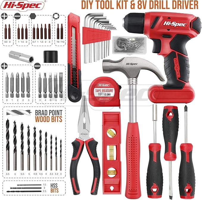 Hi-Spec 8V USB Cordless Drill Driver Home Tool Kit for Home DIY, Red | 58pc, faster holes and screwdriving, bit accessories, portable carry storage, light-duty project control, home setup help