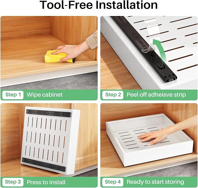 2Pack Pull out Cabinet Organizer, 21"Deep, Heavy Duty Full-extension Slide out Drawers for Kitchen Cabinet, Roll out Shelf Storage with Nano Adhesive for Pots,12"W x 21"D x 3.1"H, White