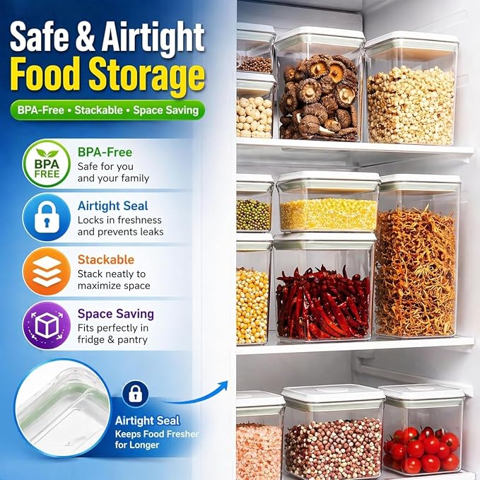 Airtight Food Storage Containers with Lids – 6 Pack BPA-Free Pop Containers for Pantry Organization, Cereal, Flour, Rice, Sugar – Stackable Kitchen Canisters (0.5, 1.2, 1.8 Qt) Set of 6