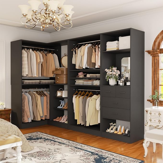Unikito 97" Large Modular Closet System, 2500LBS Heavy Duty Wood Wardrobe with 4 Hanging Rods, 3-Piece Customizable Walk-in Garment Rack for Bedroom, Black