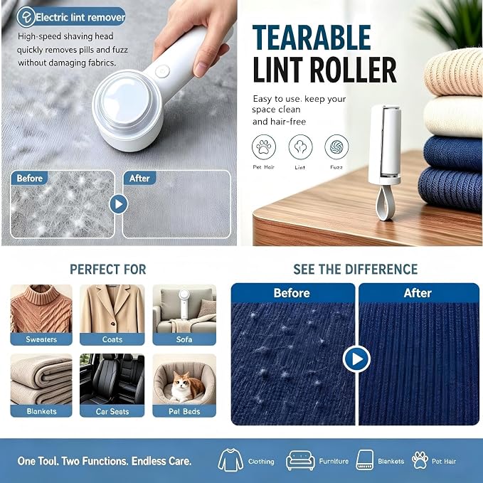 Ucitod2 in 1 Lint Remover Shaver and Lint Roller,Rechargeable Fabric Shaver | Long Battery,EasyClean,Multi-Fabric Compatible,Safe Fabric Shaver,Detachable transparent storage box,Fast Type Charging-white
