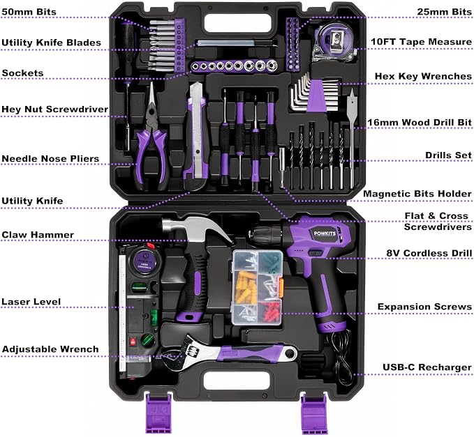 8V Cordless Drill, Purple Power Drill with Drill & Screw Bits Set, 3/8" Keyless Chuck, Rechargeable Electric Drill Tool Kit for Home Repairs, DIY Hand Tool,139PCS Tool Set for Women & Men