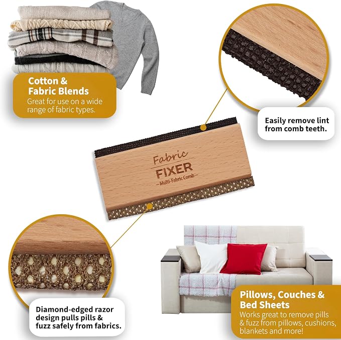 Cashmere and Multi-Fabric Sweater Comb Combo (Cedar Wood Handle Double Edge Design) Manual Fabric Defuzzer Wool Lint Shaver Comb Scraper for Clothing Pills, Furniture, Sheets and Fabrics