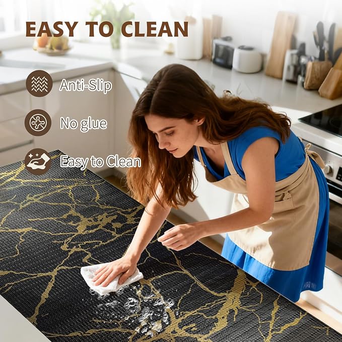 2-Layer Drawer and Shelf Liner for Kitchen Cabinet: 23.6in X 30Ft Non Slip | Waterproof Shelf Paper Non Adhesive Refrigerator Liners Black/Gold Marble Easy Liners for Bathroom with Knife Tape Measure