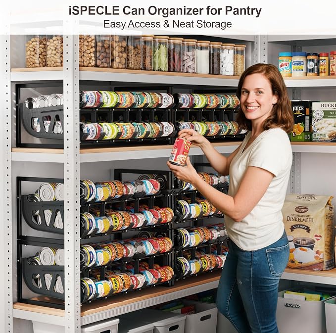 iSPECLE Pantry Can Organizer - Auto-Rolling, Expandable, Holds 120 Cans | Stackable For Walk-in Deep Pantry Shelve, Adjustable Width for Food Cans, Sturdy Metal Frame, Easy Access & Restocking, Black