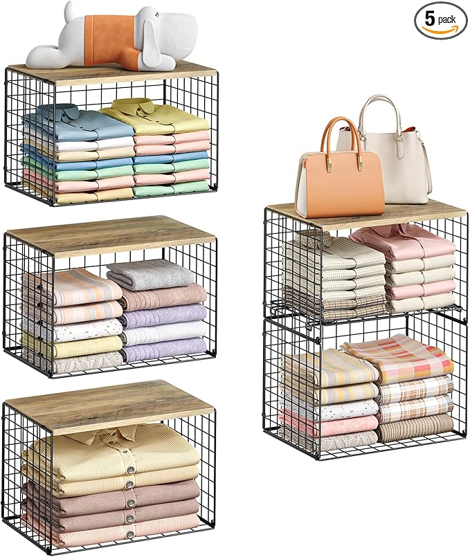 5-Tier Large Stackable Closet Organizer and Storage Basket, Sturdy Closet Shelf Organizer with Wood Top, Stackable Storage Bins Cubes for Clothes with Adjustable Shelf for Wardrobe Organization