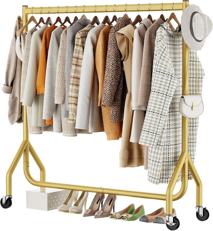 HYSEYY Clothes Clothing Rack, Rolling Heavy Duty Clothes Rack Load 420 LBS With Wheels, Metal Clothes Rack for Hanging Clothes, Portable Standing Clothes Garment Rack,Gold,48 inches
