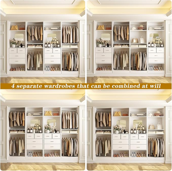 Unikito 100” Closet System with Drawers, 8.3FT Wood Closet Organizer with Hanging Rods and Mirror Design, Reversible Large Walk in Wardrobe Garment Rack with Shelves, Sturdy Closet Tower, White