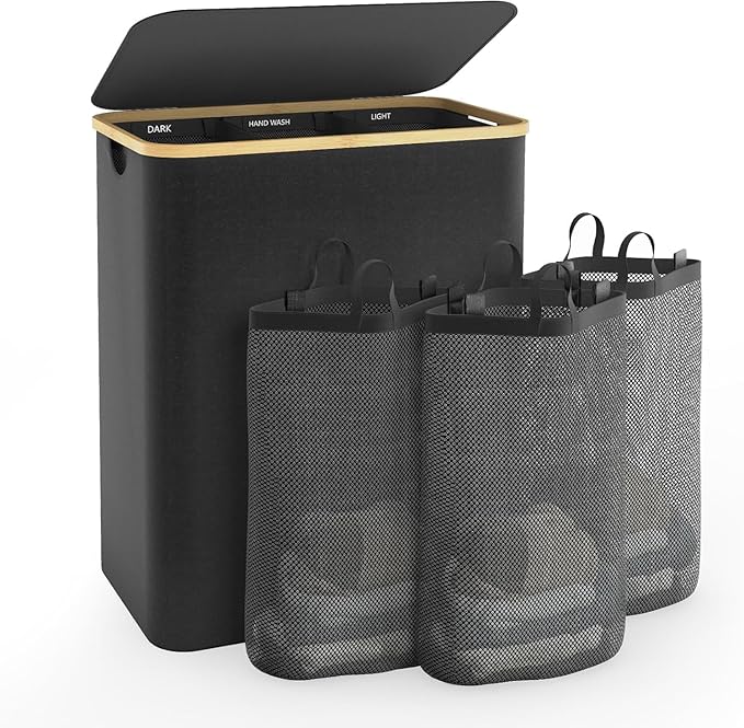 Hampers for Laundry Basket with Lid, 160L Large Laundry Hamper 3 Section | Dirty Clothes Hamper Separator with 3 Removable Bags & 5 Labels, Divided Laundry Organizer for Bedroom, Laundry Room, Black
