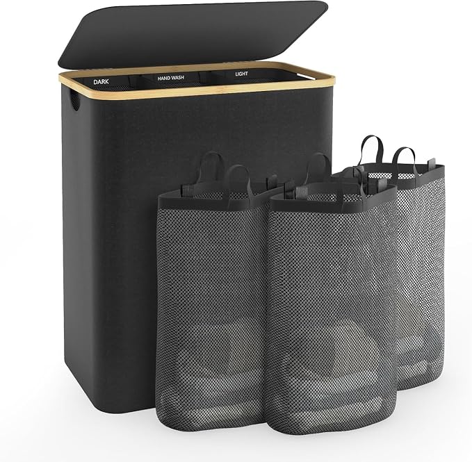 Hampers for Laundry Basket with Lid, 145L Large Laundry Hamper 3 Section | Dirty Clothes Hamper Separator with 3 Removable Bags & 5 Labels, Divided Laundry Organizer for Bedroom, Laundry Room, Black