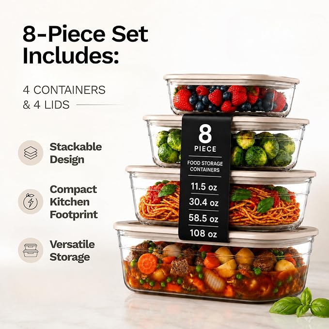 Naked Kitchen 8-Piece Food Storage Containers with Lids – Nesting Borosilicate Glass Meal Prep Containers with Leak-Proof Airtight Seal – BPA Free, Microwave, Oven, Freezer & Dishwasher Safe – Black