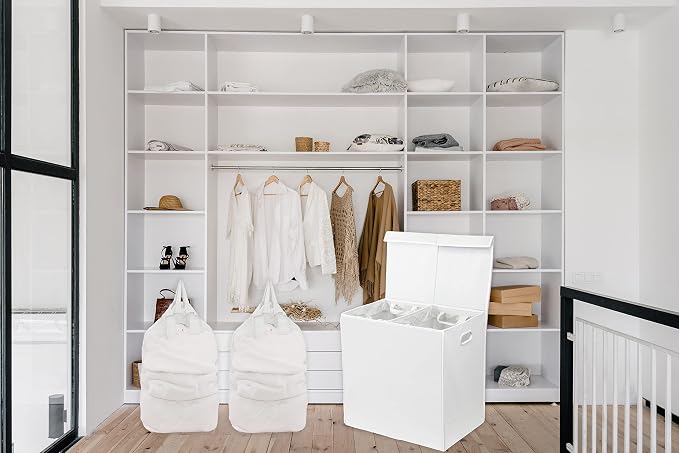 Simple Houseware Double Laundry Hamper with Lid & Removable Bags, White