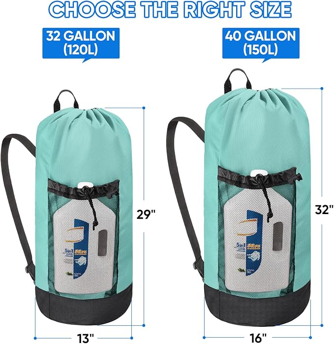 BALEINE 150L Laundry Bag Backpack, 900D Oxford Fabric Large Travel Laundry Bags with Shoulder Straps and 2 Mesh Pockets for College Dorm, Apartment, Laundromat (Sky Blue, 150L)