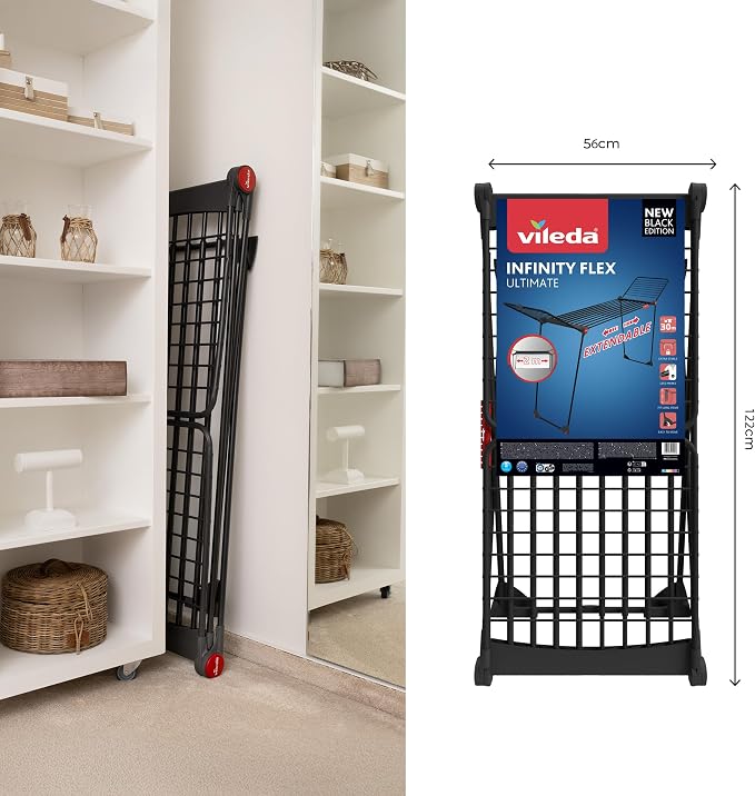 Vileda Infinity Flex Ultimate Black Edition Folding Clothes Airer | Telescopic frame 117-205 cm, XXL drying bars, aluminium and steel, pre-assembled, TÜV tested, comfort pack