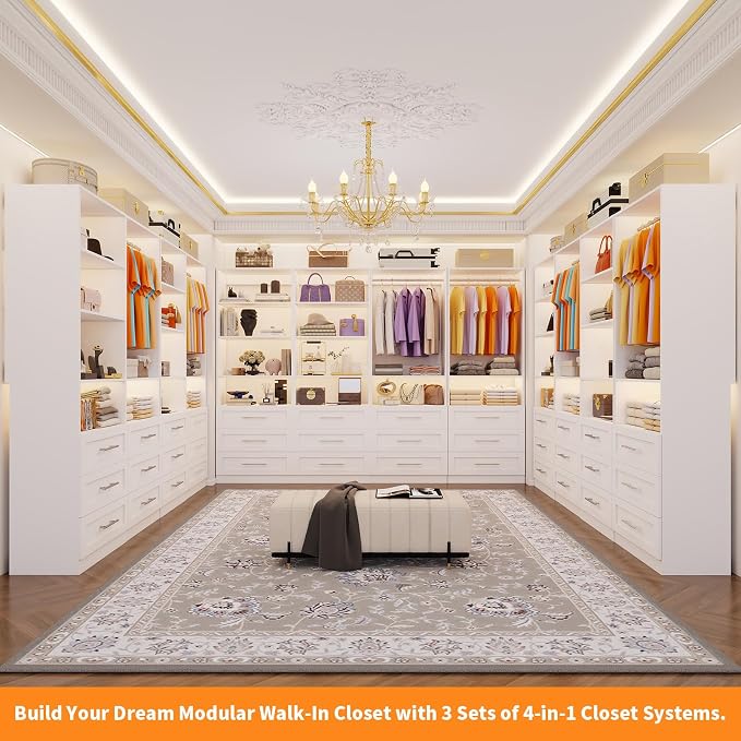 Closet System with 12 Wooden Drawers, 10 Shelves & 6 Hanging Rods, 8–21 ft Adjustable Closet Organizer System, 2800 lbs+ Walk-In Closet System, Modular Custom Closet Kit, White(Set of 4)