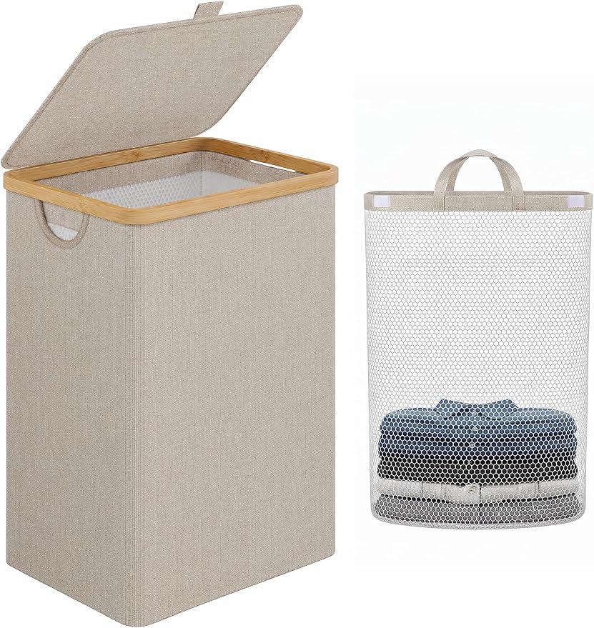 iEGrow Laundry Basket with Lid,Large Laundry Hamper with Handle and Lid,Foldable Clothes Basket Organizer with Removable Inner Bag for Clothes Towels (Oatmeal,85L)