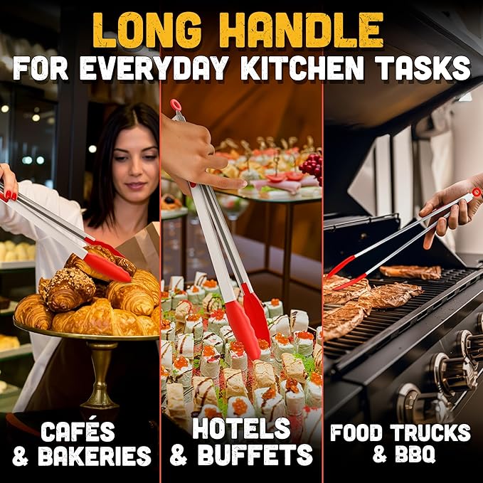Salad Tongs - 17.3" Extra Long Tongs with Silicone Tip & Stainless Steel Frame for Salad Mixing & Serving, Safe Turning of Steaks, Burgers & Veggies - Easy-Lock Handle, Non-Slip Grip & Storage Loop
