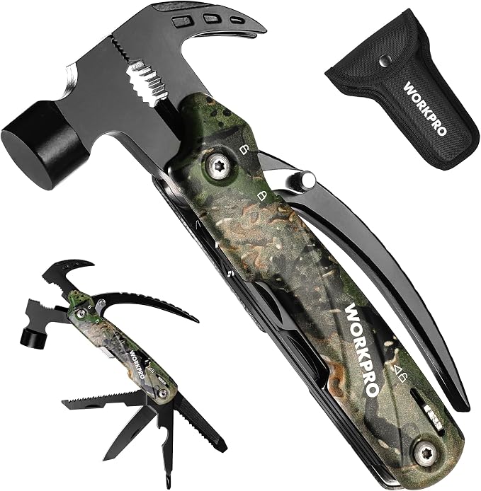 WORKPRO 12 in 1 Camping Tools with Mini Hammer | EDC Gear Multi Tools Hammer with Safety Lock and Pouch-Mini Multitools Gifts for Men and Women-Camouflage
