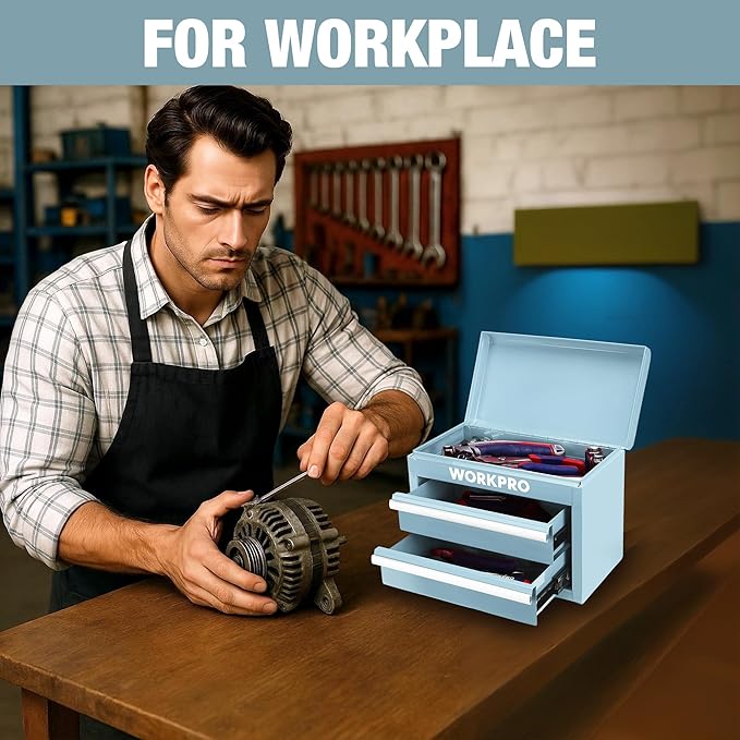 WORKPRO Metal Mini Tool Box with 2 Drawers and Top Storage | Cold Rolled Steel Toolbox, Ball Bearing Slides, PVC Drawer Liners, PP Feet Pads, Durable Storage