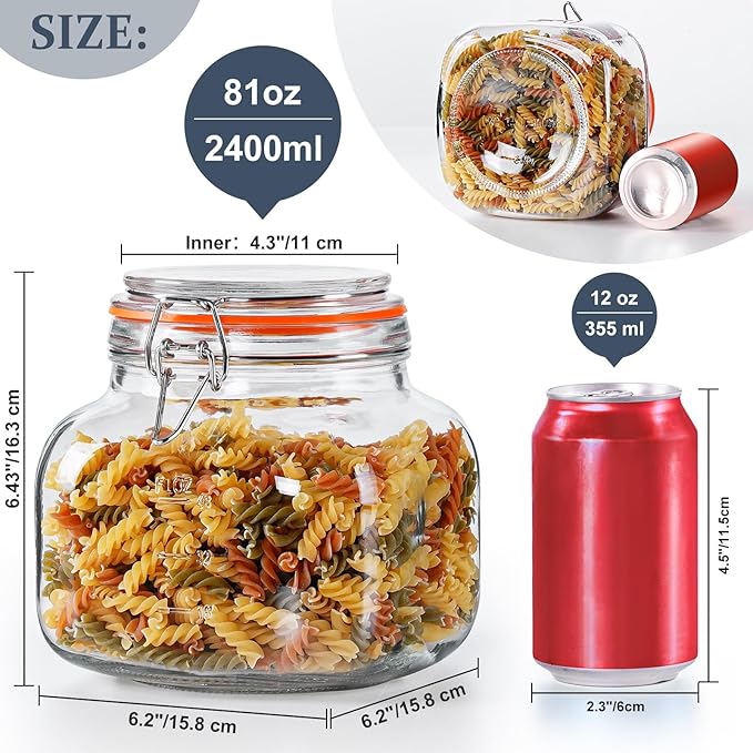 Large Glass Jars with Airtight Lid, 2 Pack Glass Food Storage Jars with 2 Scale Marks, Square Glass Canisters for Flour, Cereal, Coffee, Pasta, Cookies, Pickle, 0.6 Gallon Wide Mouth Mason Jars