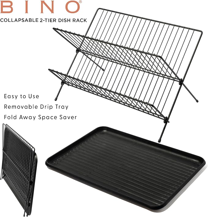 BINO 2-Tier Collapsible Dish Rack with Tray - Matte Black | Dish Drainer Kitchen Plate | Holders for Cups & Plates | Foldable Rack for Kitchen Countertop | Storage and Organization