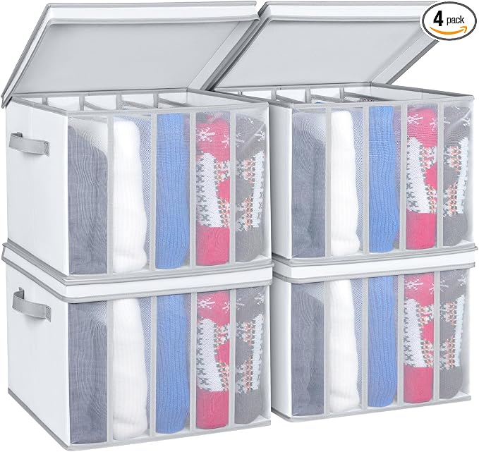 Univivi Large Size Wardrobe Clothes Organizer, 5 Grids Sweater Organizer for Closet with Handles, Support Boards and Lids, Foldable Closet Organizers for Sweaters, Pants, T-shirt, Hoodie- 4 Pack