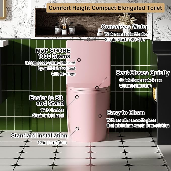 Dual Flush One Piece Toilets for Bathrooms, Compact Pink Toilet Elongated with Soft Closing Seat, Modern 12 Inch Rough in Toilet, 1.6 GPF & Map 1000g, Comfort Height, Silent Design (Pink+31H)