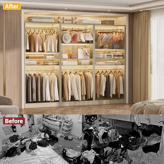 Unikito 72'' Closet System with 4 Hanging Rods, Walk-in Clothing Organizer, 2-Piece Wood Garment Rack for Bedroom, White Oak