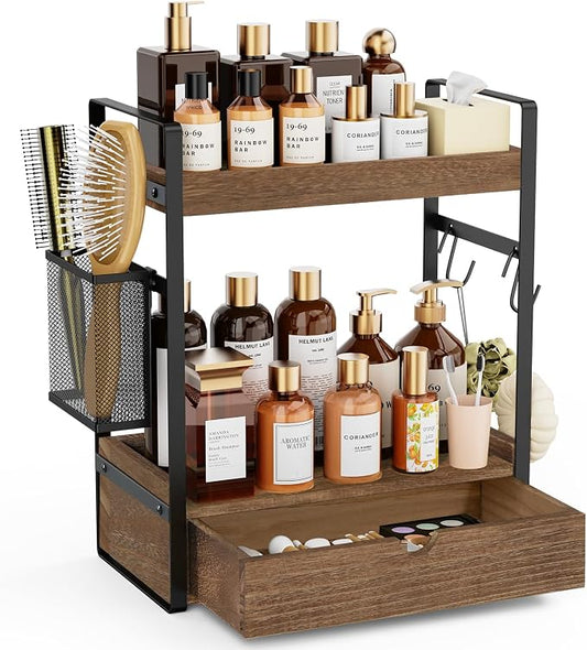 2-Tier Bathroom Counter Organizer with Drawer Basket and Hooks, Wood Bathroom Organizers and Storage for countertop, Farmhouse Dark Brown Countertop Organizer, Counter Shelf for Vanity Kitchen Office