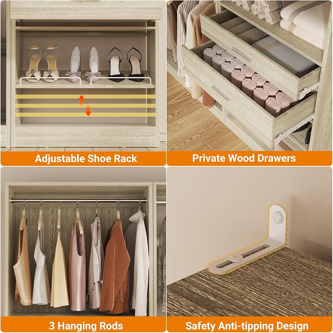 Unikito Closet System Set of 2, 5FT Closet Systems with 2 Wood Drawers, 61" Closet Organizer System with 3 Hanging Rods & 2 Shelves, Heavy Duty Walk-in Closet, White Oak (61" L x 16" W x 80" H)