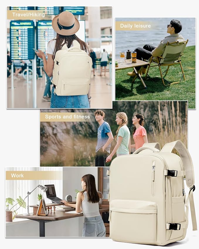 WONHOX Large Travel Backpack Women,Carry On Backpack Flight Approved 18x14x8 inches Bag Spirit Airlines Personal ltem,College Sports Hiking Rucksack Laptop Blackpack mochila de viaje,Beige