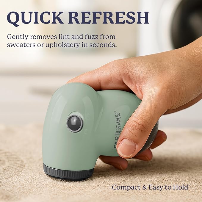 Farberware Fabric Shaver & Lint Remover for Clothing, Small, Portable | Triple blade sweater shaver removes pilling, fuzz, and lint balls from clothes, couch, and furniture, battery operated