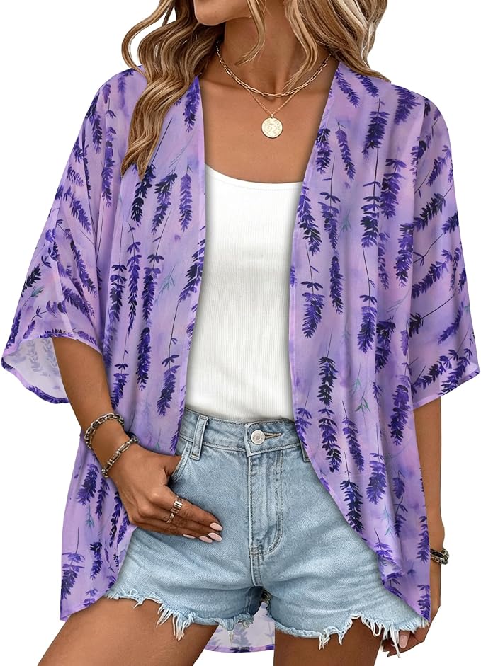 Women Kimono Cardigans Summer Cover Up Hawaiian Shirts Floral Print Tops | ROSEMIA chiffon kimono open front cardigans, beach cover ups, daily casual tops, cruise outfits, summer resort wear
