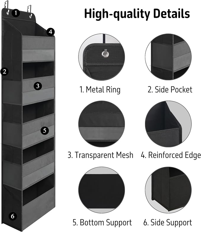 TYMENSH Black Over Door Organizer with 5 Large Clear Pockets and 6 Side Mesh Pockets, Anti-Tilt Hanging Door Storage for Closet, Bathroom, Nursery, Bedroom, Dorm, Toys, Cosmetics