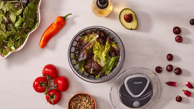 Culinare Small Salad Spinner for 2-4 Servings – Compact Lettuce Dryer with Non-Slip Base, Brake Button, Easy Clean Food-Safe Plastic Vegetable Washer & Salad Dryer