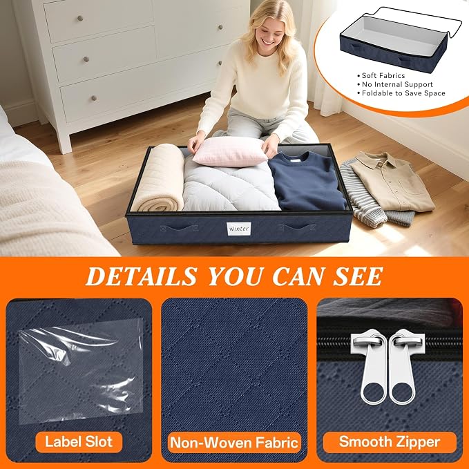 90L Under Bed Storage Containers, Storage Bags, Organizers, 8-Pack, Blue | Foldable, Soft Fabric, Closet Organizers, Reinforced Handle, Label Holder, Clear Window, for Comforters, Clothing, Blankets