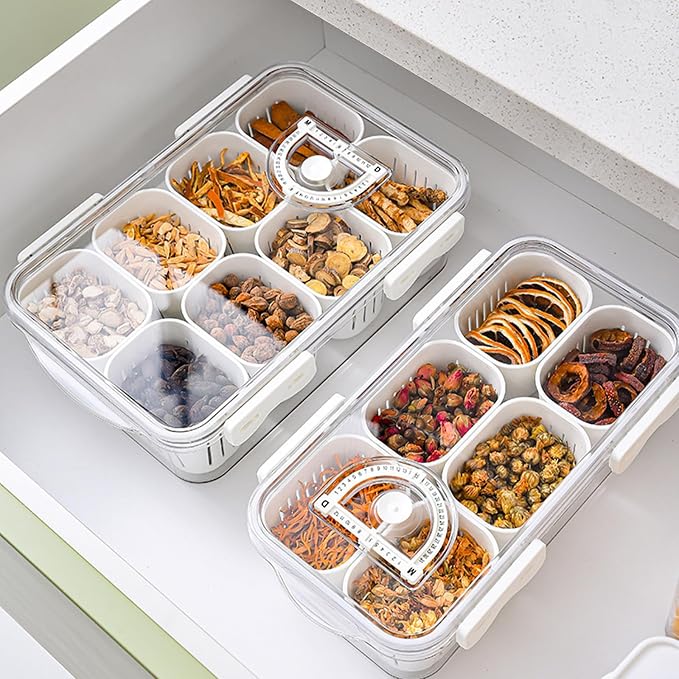 shopwithgreen Divided Serving Tray with Lid, Portable Snack Box Charcuterie Veggie Tray with Lid, Food Storage Organizer with 8 Colandersfor Fruit, Vegetable, Refrigerator, Kitchen, Party, Picnic