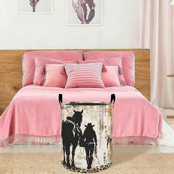 Western Cowgirl Horse Laundry Basket Hamper 19.7"x15.8", Organizer Bins Gifts for Kids Boys Girls, Country Farmhouse Foldable Waterproof Oxford Clothes Storage Bucket for Bedroom Bathroom Decor