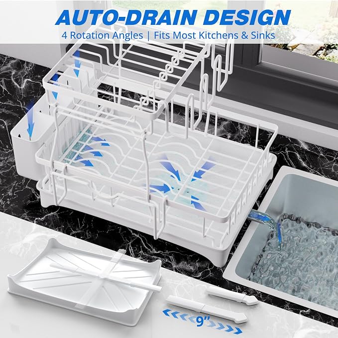 Godboat 2-Tier Dish Drying Rack - Dish Rack with Auto Drain-to-Sink & Mat | Dish Racks for Kitchen Counter, Dish Drainer with Knife Fork & Cup Rack, Gifts for Women, Mothers Day, Kitchen Gadgets, White