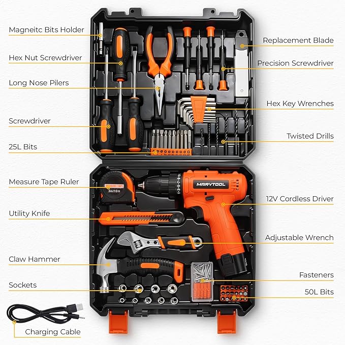 152 Piece Tool Set, Tool Box with 12V Cordless Drill, Home Repair Hand Tool Kit, General Household Drill Set for Homeowner, DIY, Handyman, Women