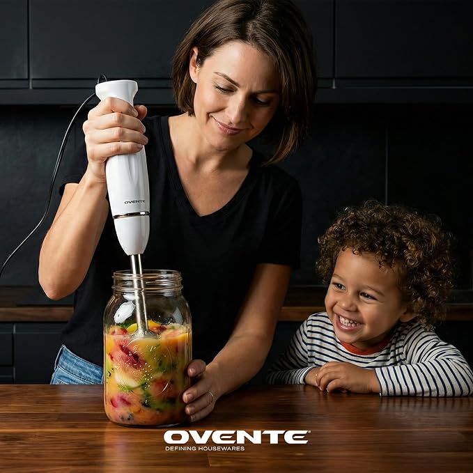 OVENTE Immersion Hand Blender, 300W Electric Handheld Stick Mixer with 2 Mixing Speeds and Stainless Steel Blades for Smoothies, Purees & Baby Food, White HS560W