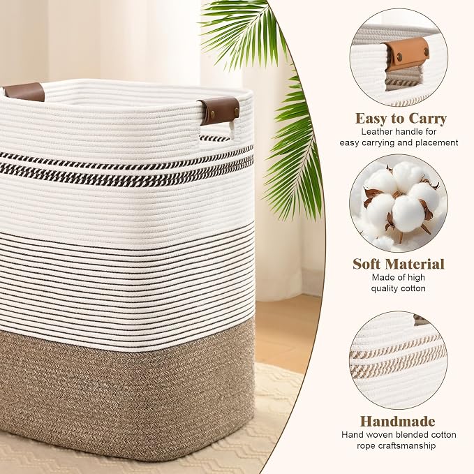 Laundry Hamper, 95L Tall Laundry Basket with Leather Handles, Rectangle Large Clothes Hamper for Organizing, Cotton Woven Laundry Baskets Storage Hampers for Bedroom, Nursery, Living Room