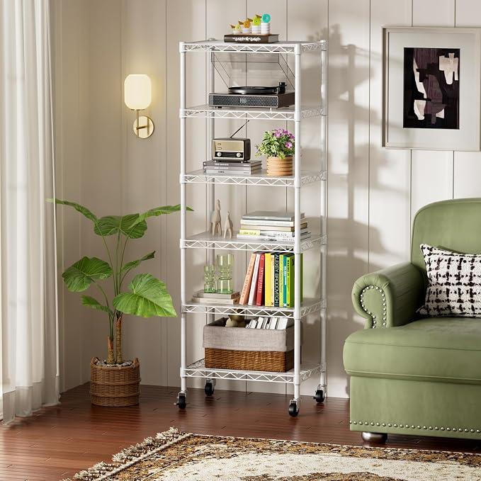 SINGAYE 6 Shelves Storage Shelf Wire Shelving Unit Metal Adjustable Wheels | Small Shelf Storage with Wheels Organizers Closet Unit for Bathroom Laundry Room Kitchen Pantry11.5D x 17.5W x 61.5H White