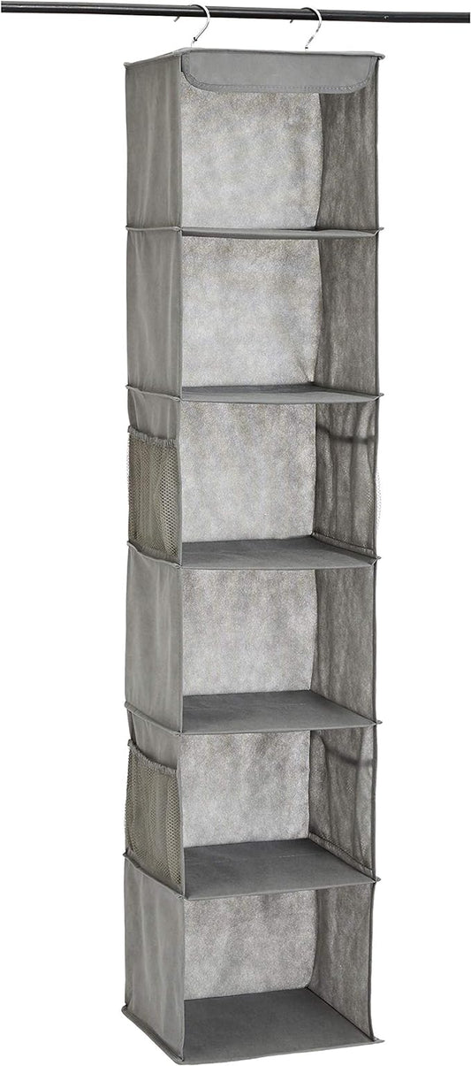 Amazon Basics 6-Tier Hanging Closet Shelf Organizer with Pockets, Clothes Storage for Sweaters and Clothing, 12" W x 9" L x 8.5" H, Grey | Organizer