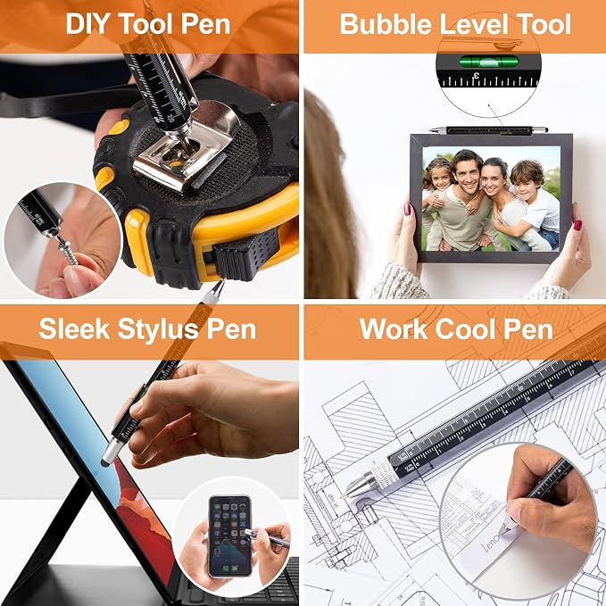 VIBELITE Magnetic Pickup Tool & 6 in 1 Multitool Pen, 2 Pack | Touch Screen Stylus, Rulers, Bubble Level, Flathead & Phillips Screwdriver, Ballpoint Pen