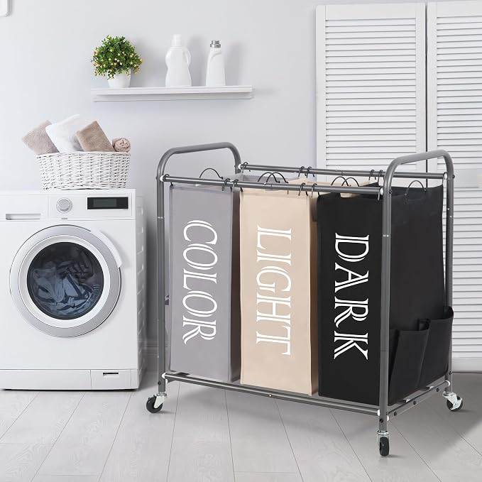 STORAGE MANIAC 3 Section Laundry Sorter, 35.6 Gal (135 L) Laundry Hamper Cart with Heavy Duty Rolling Lockable Wheels and Removable Bags, Clothes Organizer Basket Separator Hamper, Multicolored